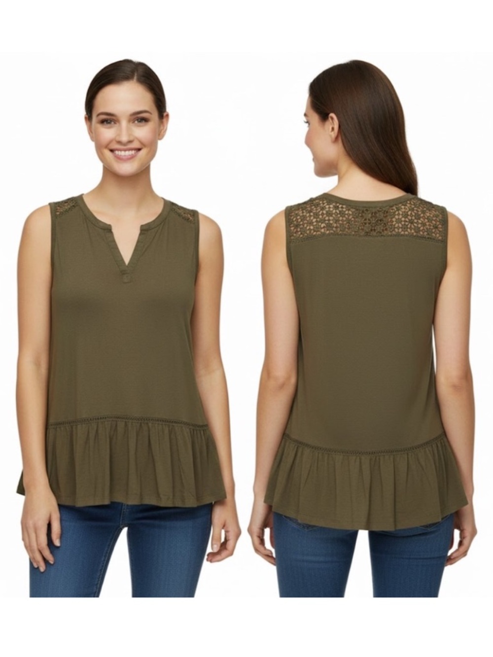 Loft Olive Green Crochet Peplum Sleeveless Top Size XS